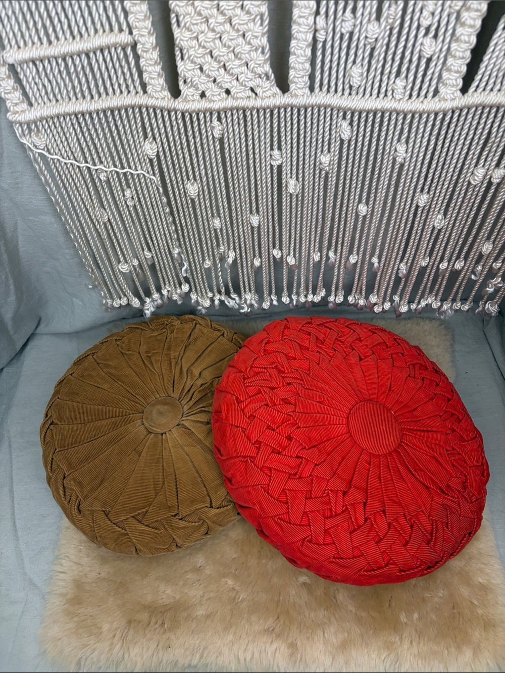 Vintage Round Pleated Corduroy Handmade Pillows - set of two | Tan & Orange
